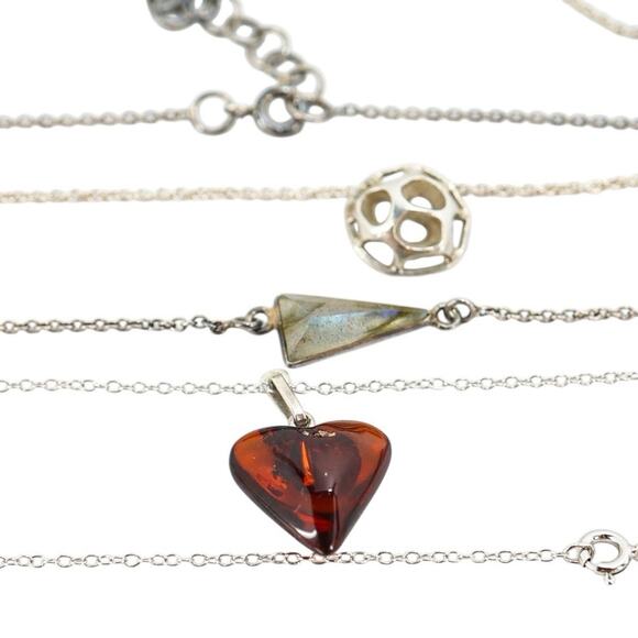 Lot Of 3 Stackable Sterling Silver Layered Necklace Set Labradorite Amber Boho - Picture 5 of 16